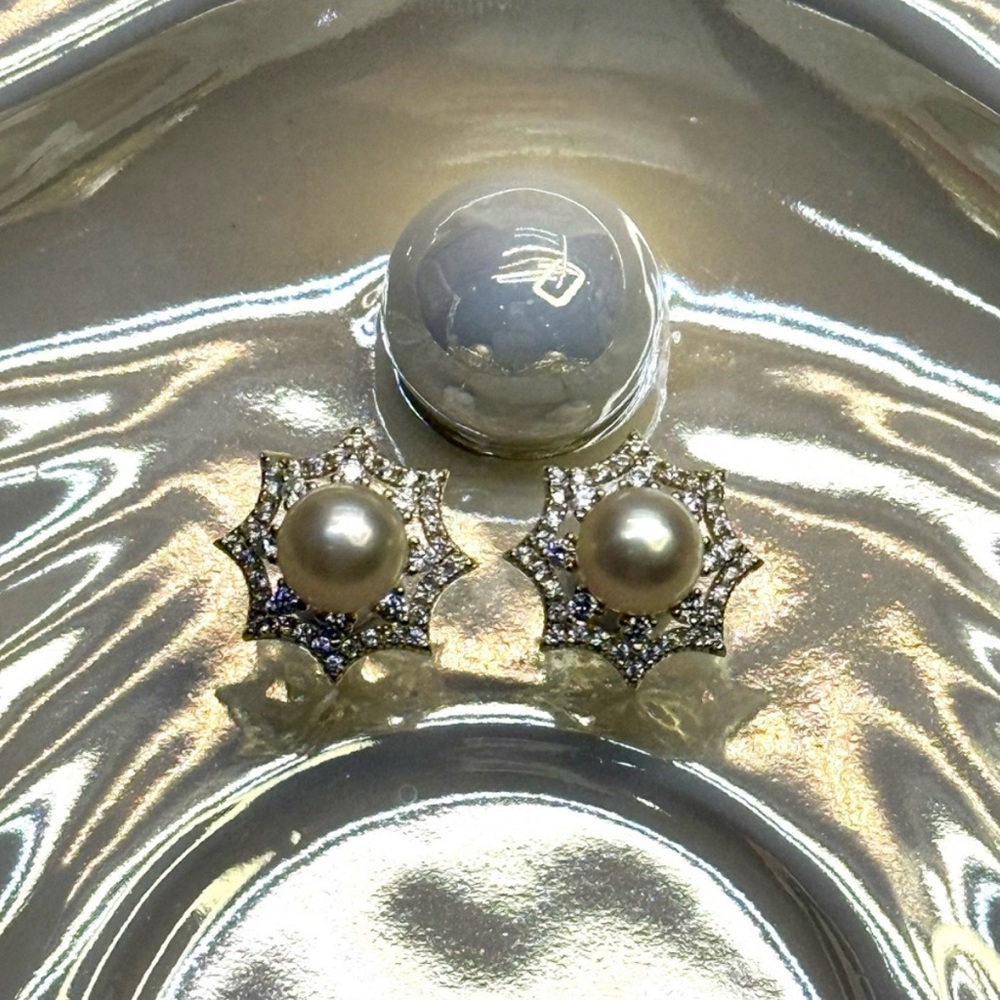 Premium 7mm Akoya Sea Pearl Earrings • Art Deco Web Design • 18K Gold over S925 - Picture 3 of 11